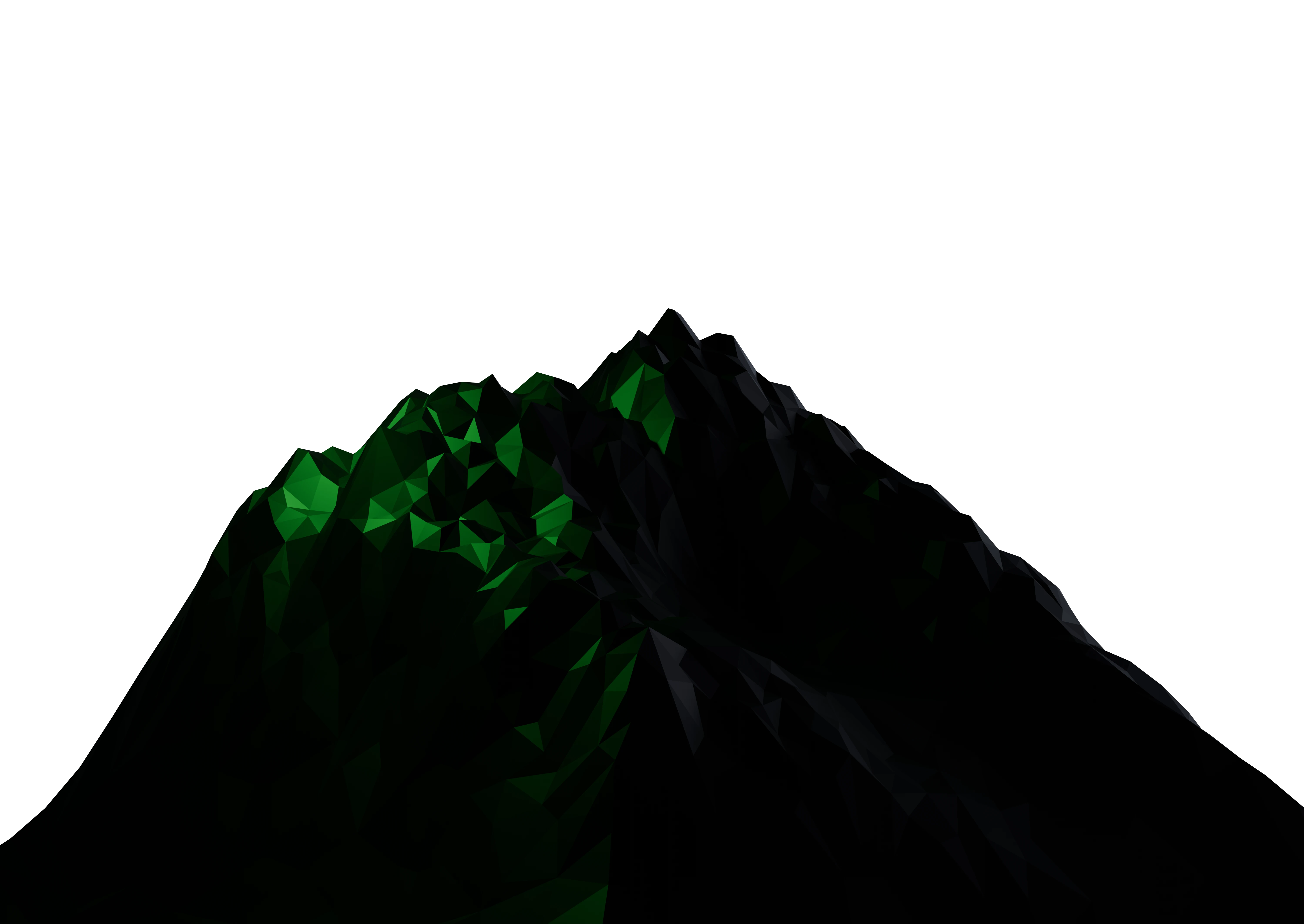 A transparent image of a low-poly 3D mountain made by me, Terrell Turner. One side is illuminated by sunlight, the other side is lit by a peaceful green glow.