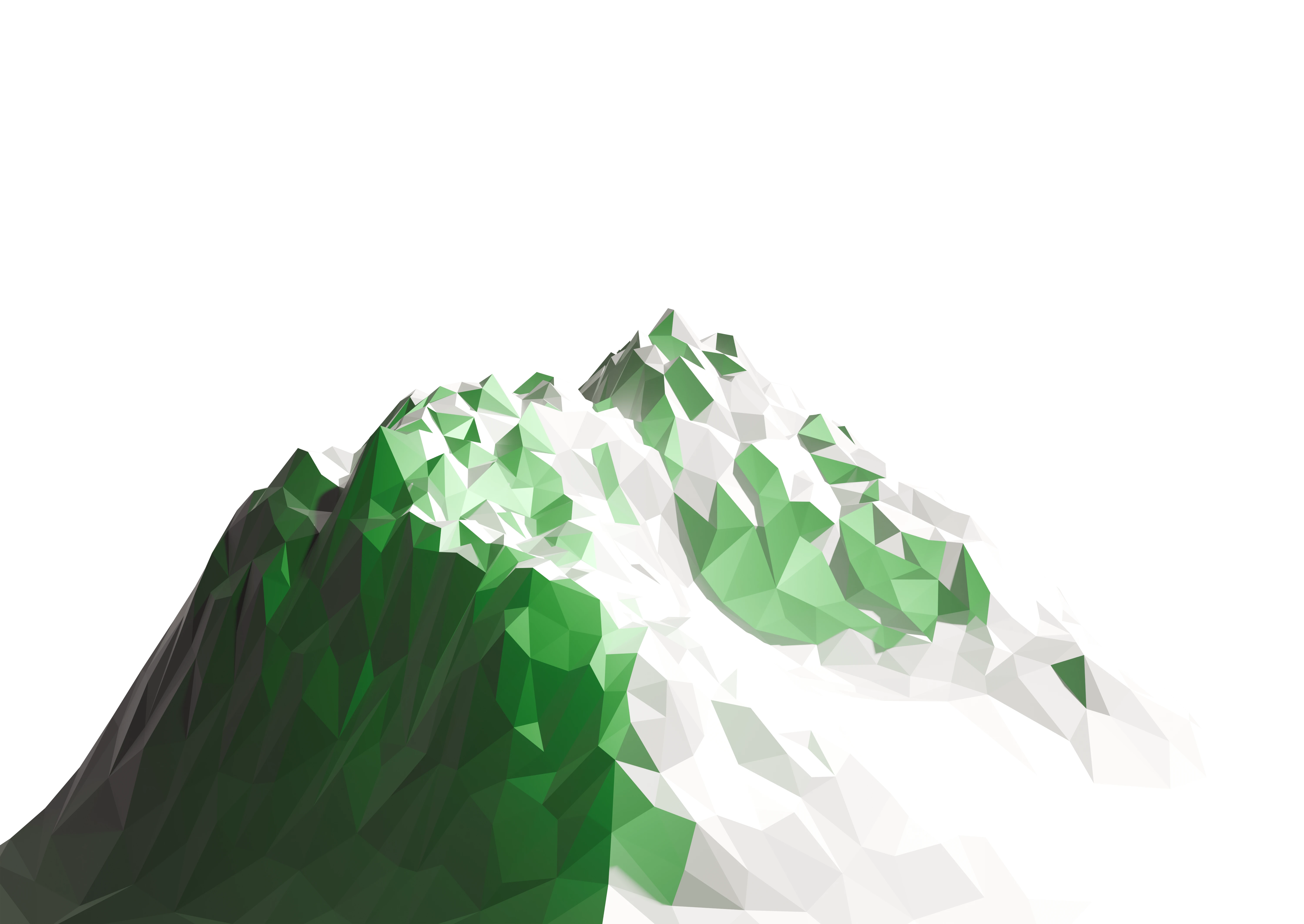 A transparent image of a low-poly 3D mountain made by me, Terrell Turner. One side is illuminated by sunlight, the other side is lit by a peaceful green glow.